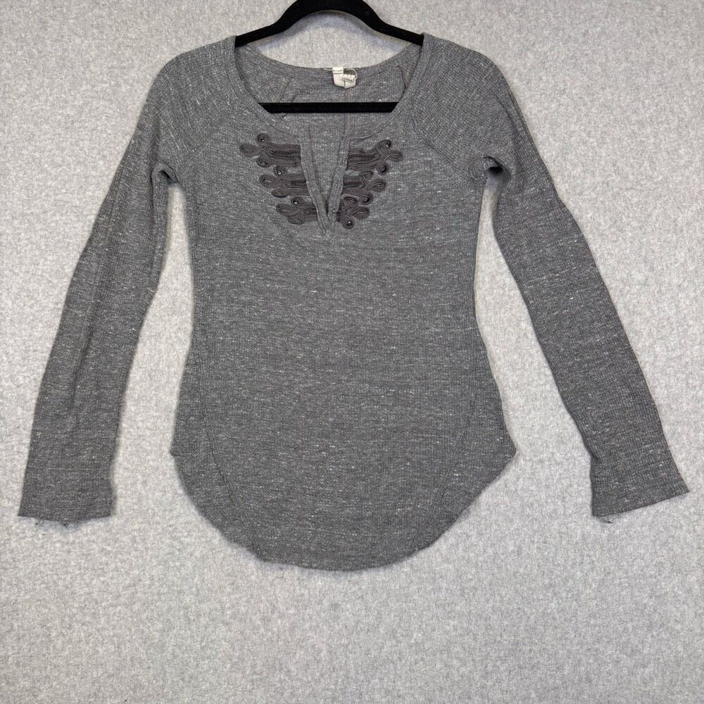 We the Free Gray Waffle Body Ribbon Detail Long Sleeve Shirt Size Small